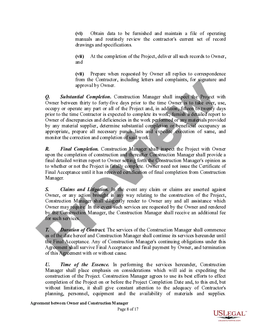 Get Agreement between Owner and Construction Manager for Services in Overseeing a Construction Project Preview Agreement between Owner and Construction Manager for Services in Overseeing a Construction Project