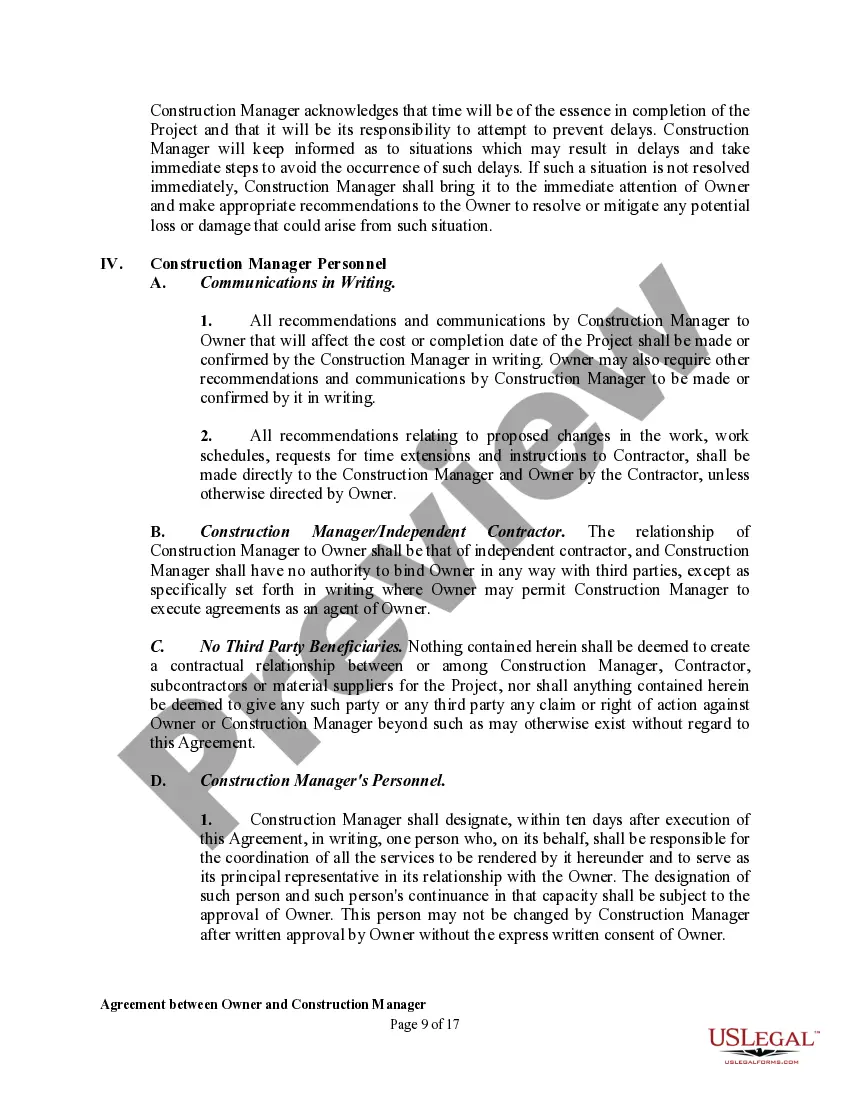 Get Agreement between Owner and Construction Manager for Services in Overseeing a Construction Project Preview Agreement between Owner and Construction Manager for Services in Overseeing a Construction Project