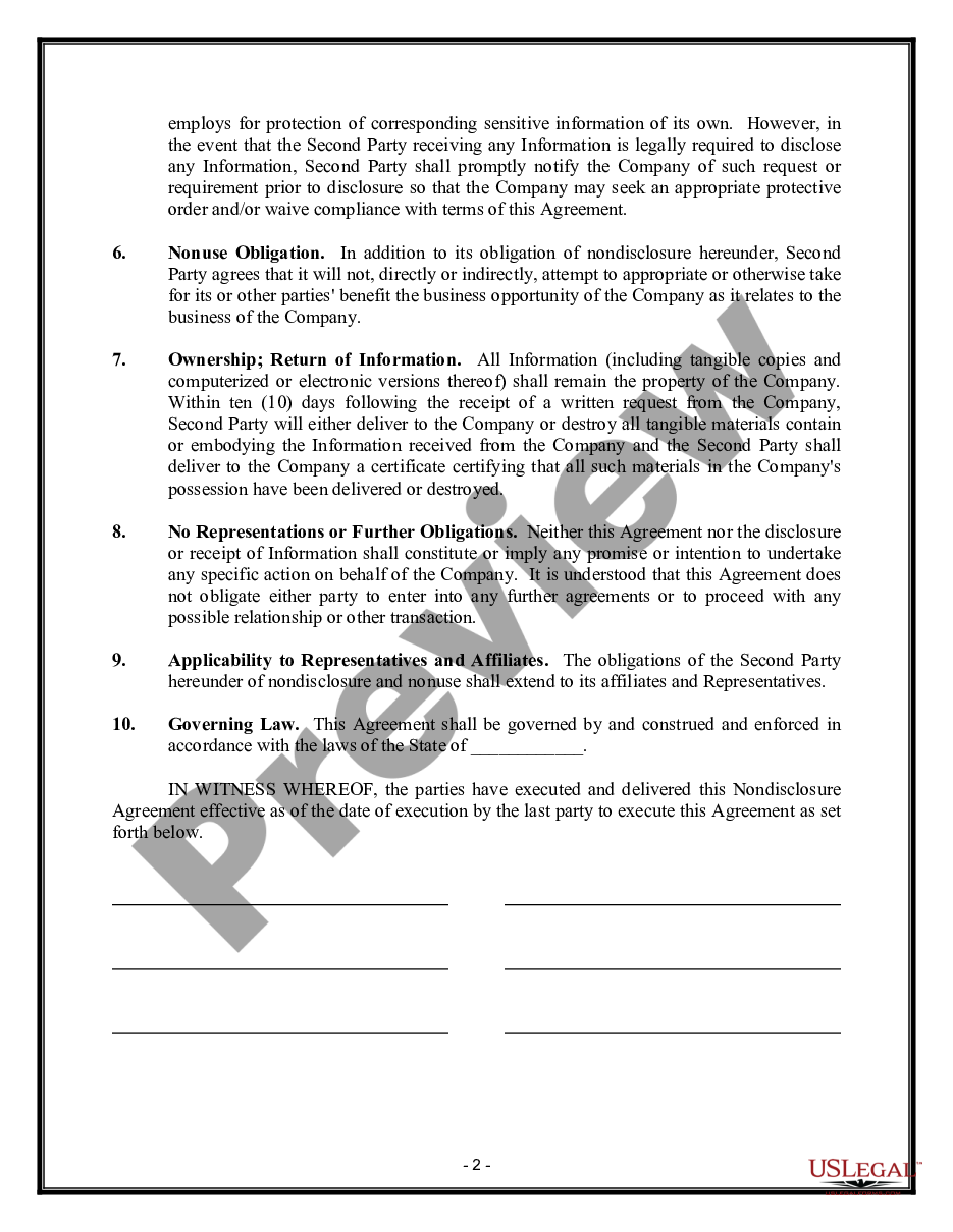 page 1 Nondisclosure Agreement in connection with discussion of business plan preview