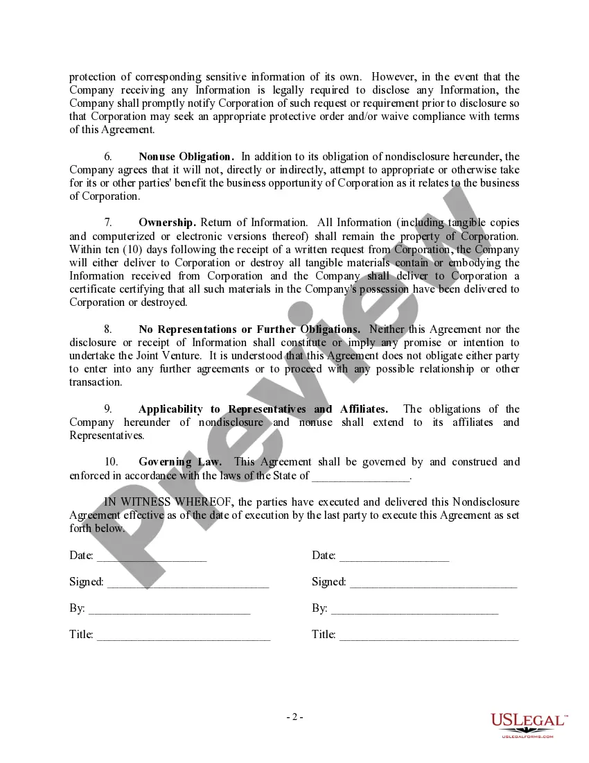 Preview Company Nondisclosure Agreement - Company to Company