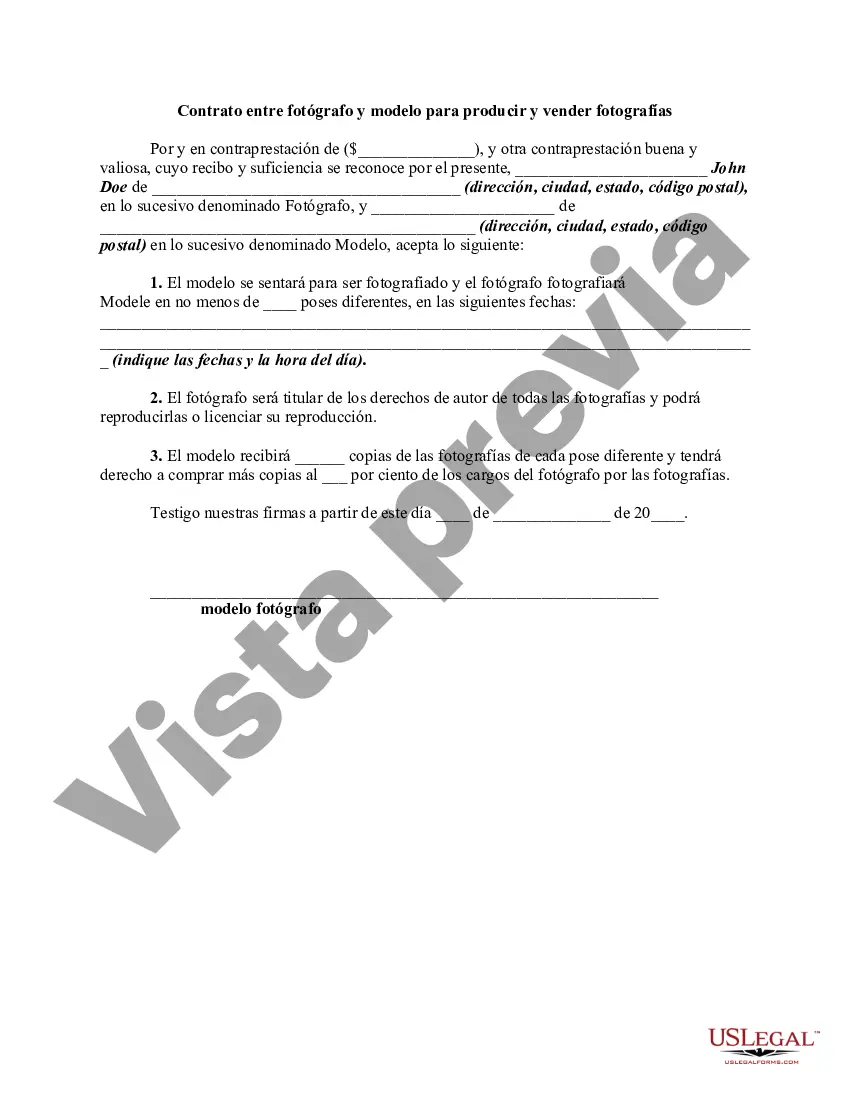 Preview Contrato entre fotógrafo y modelo para producir y vender fotografías