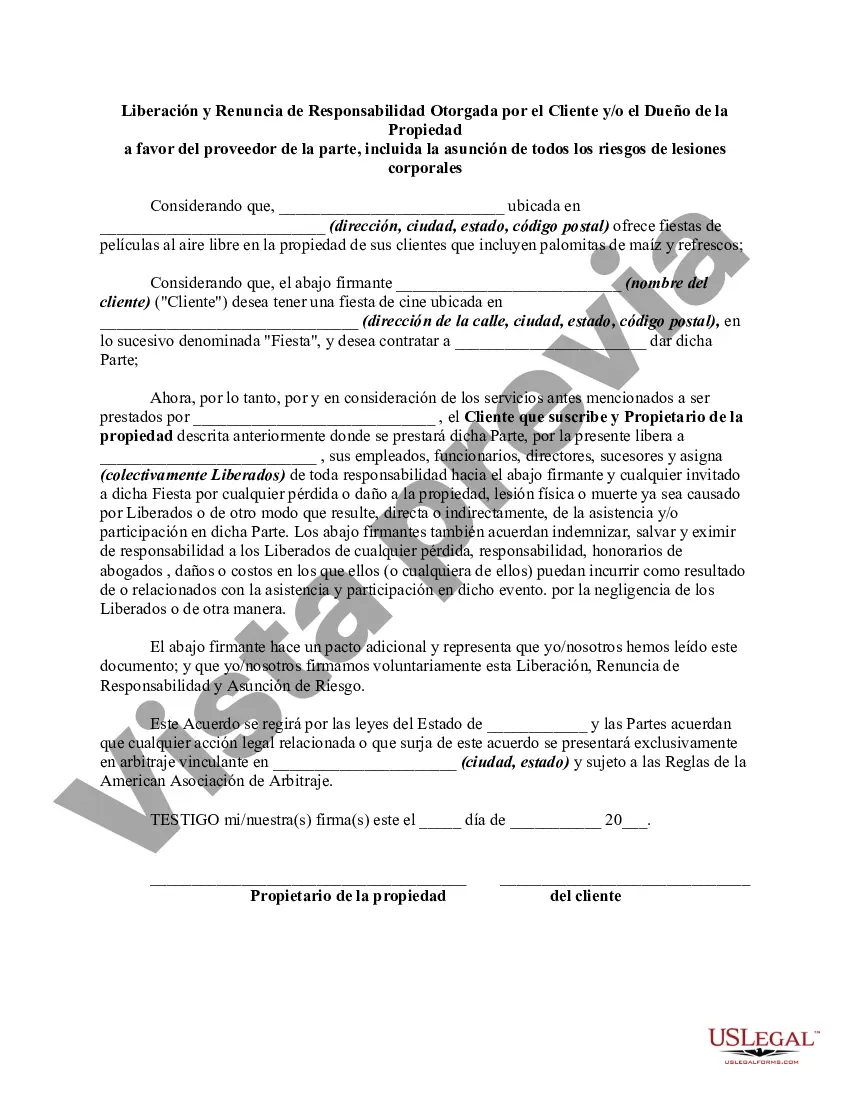 Preview Liberación y exención de responsabilidad y lesiones personales otorgadas por el cliente y/o el dueño de la propiedad