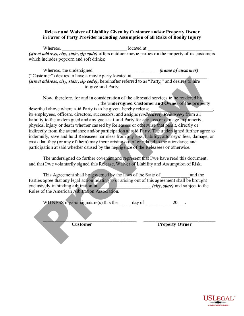 form Release and Waiver of Liability and Personal Injury Given by Customer and / or Property Owner preview