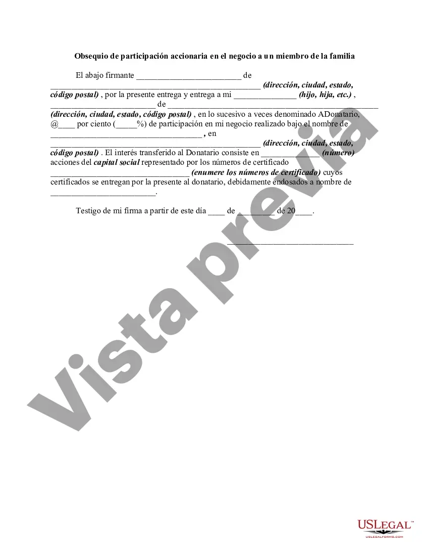 Preview Obsequio de participación accionaria en el negocio a un miembro de la familia