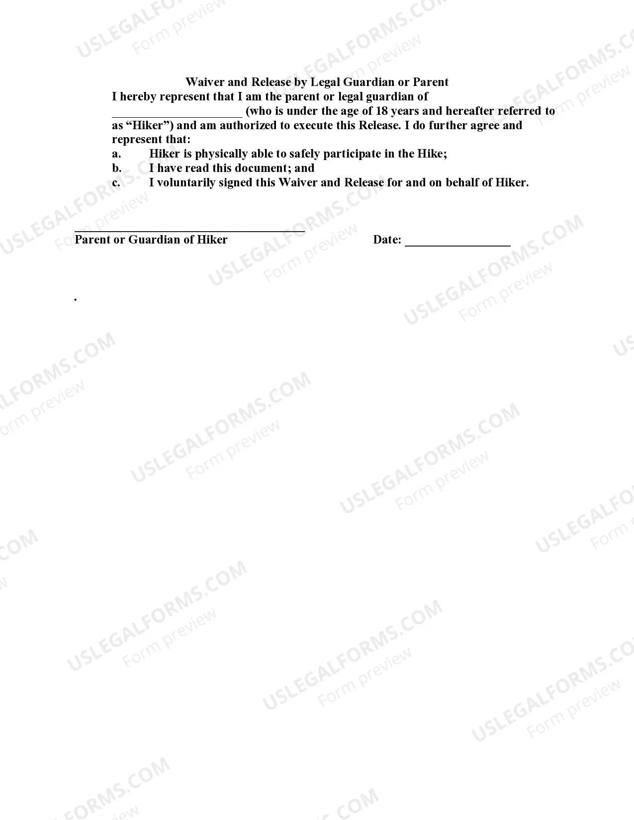 Preview Release of Liability, Waiver of Claims and Personal Injury, Assumption of Risk and Indemnity Agreement with Regard to Hiking in State or National Park