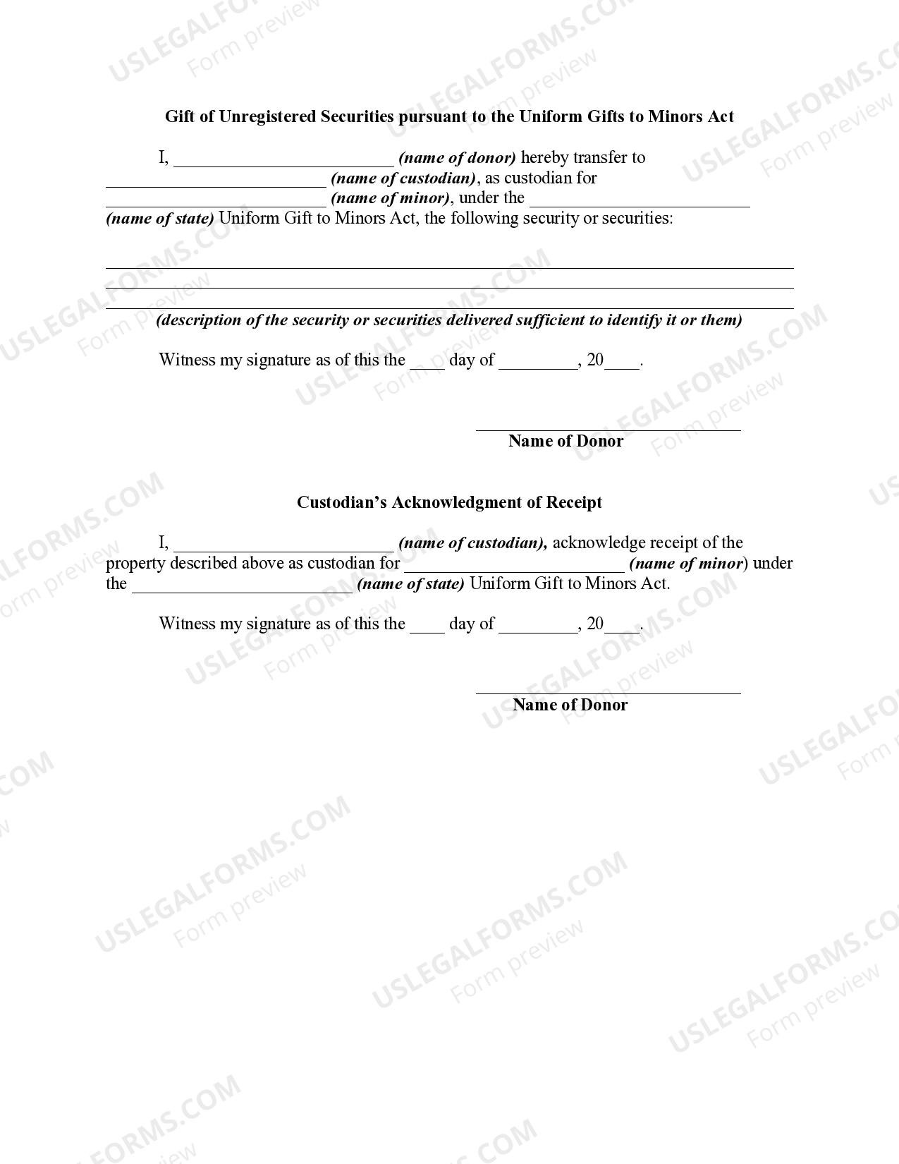 Gift of Unregistered Securities pursuant to the Uniform Gifts to Minors