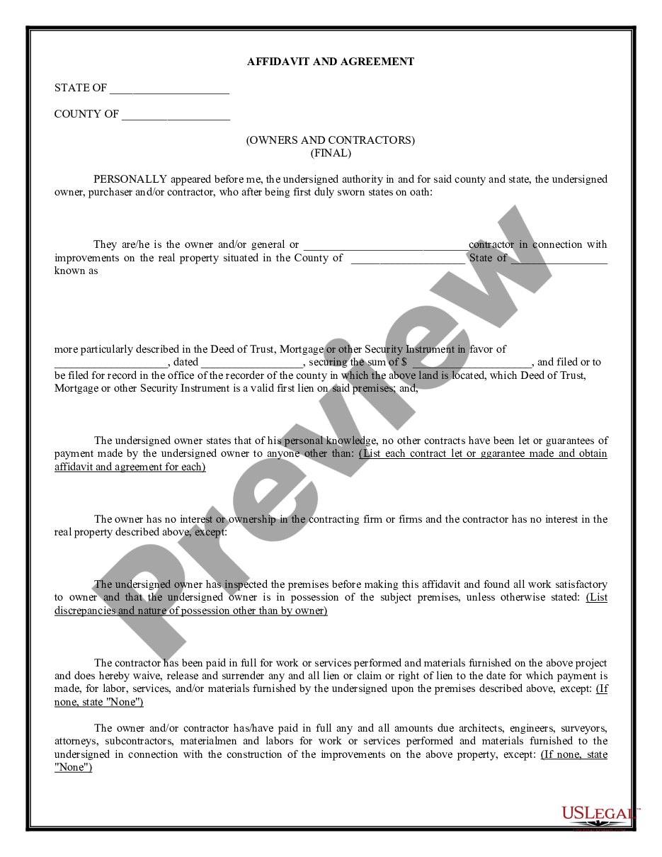 page 0 Owner's and Contractor Affidavit of Completion and Payment to Subcontractors preview