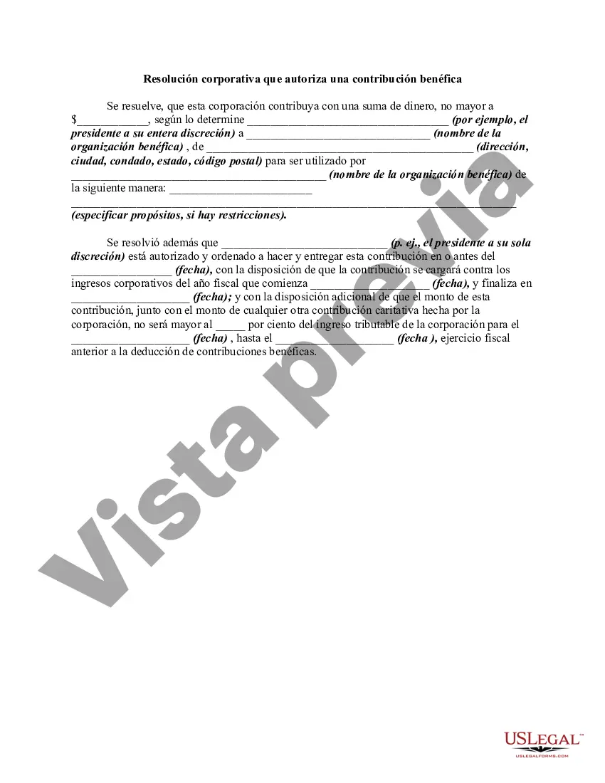 Preview Resolución corporativa que autoriza una contribución benéfica