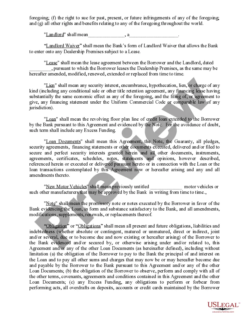 Preview Vehicle Floor Plan Financing and Security Agreement