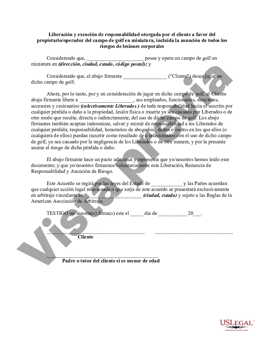 Preview Liberación y exención de responsabilidad otorgada por el cliente a favor del propietario/operador del campo de minigolf, incluida la asunción de todos los riesgos de lesiones corporales personales