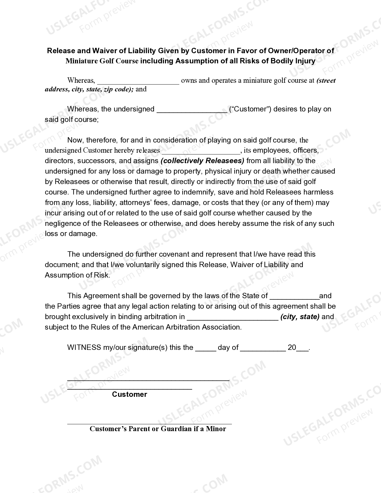 Connecticut Release and Waiver of Liability Given by Customer in Favor of Owner / Operator of