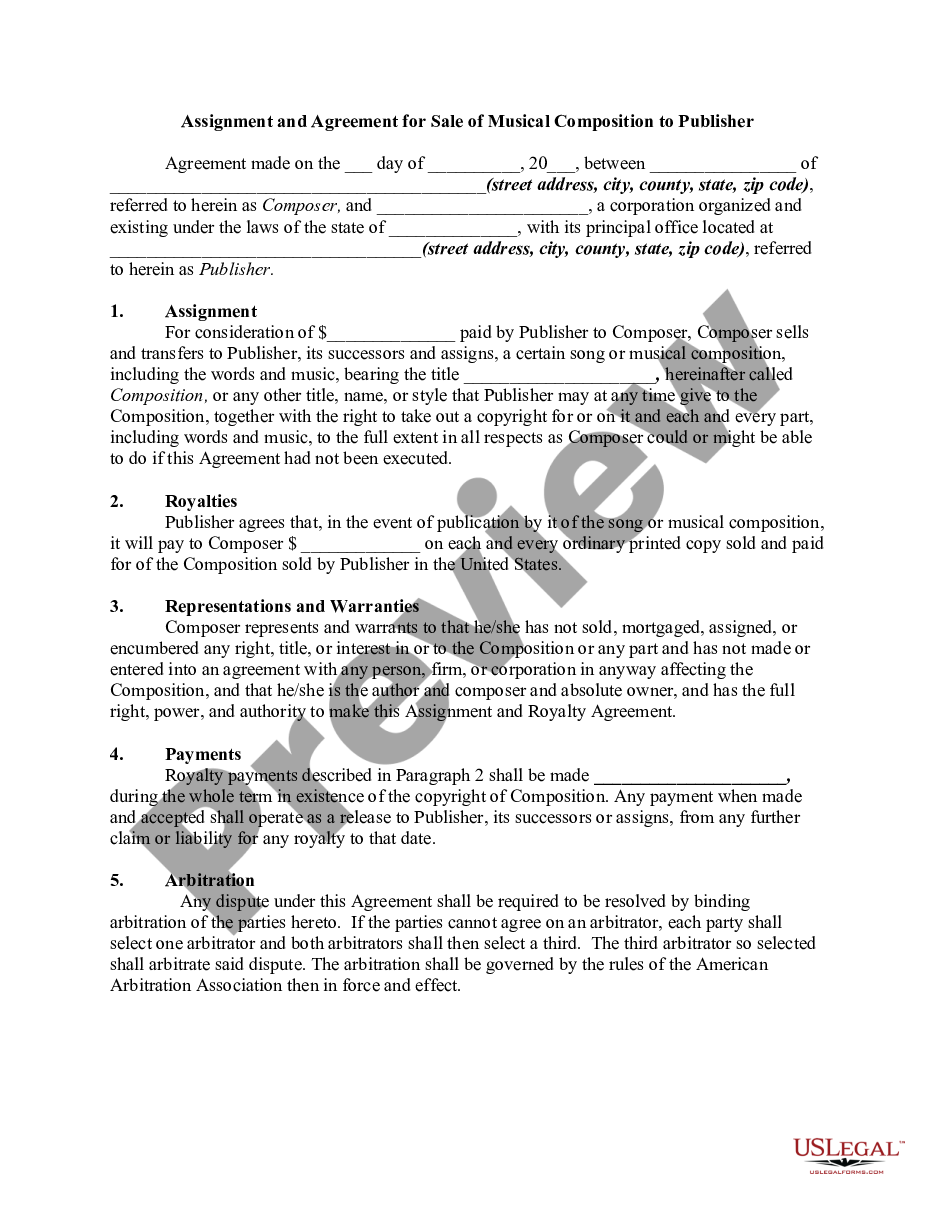 page 0 Assignment and Agreement for Sale of Musical Composition to Publisher preview
