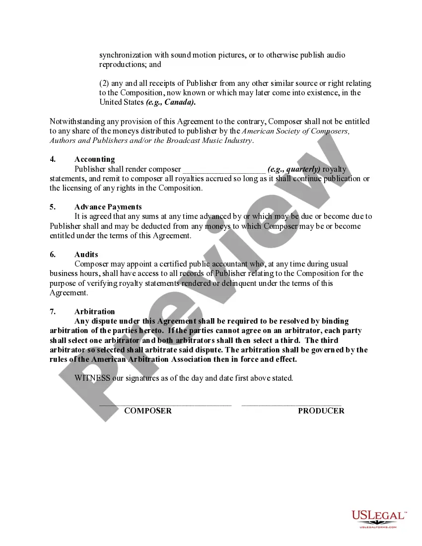 Get Assignment and Agreement for Sale of Musical Composition to Publisher Preview Assignment and Agreement for Sale of Musical Composition to Publisher