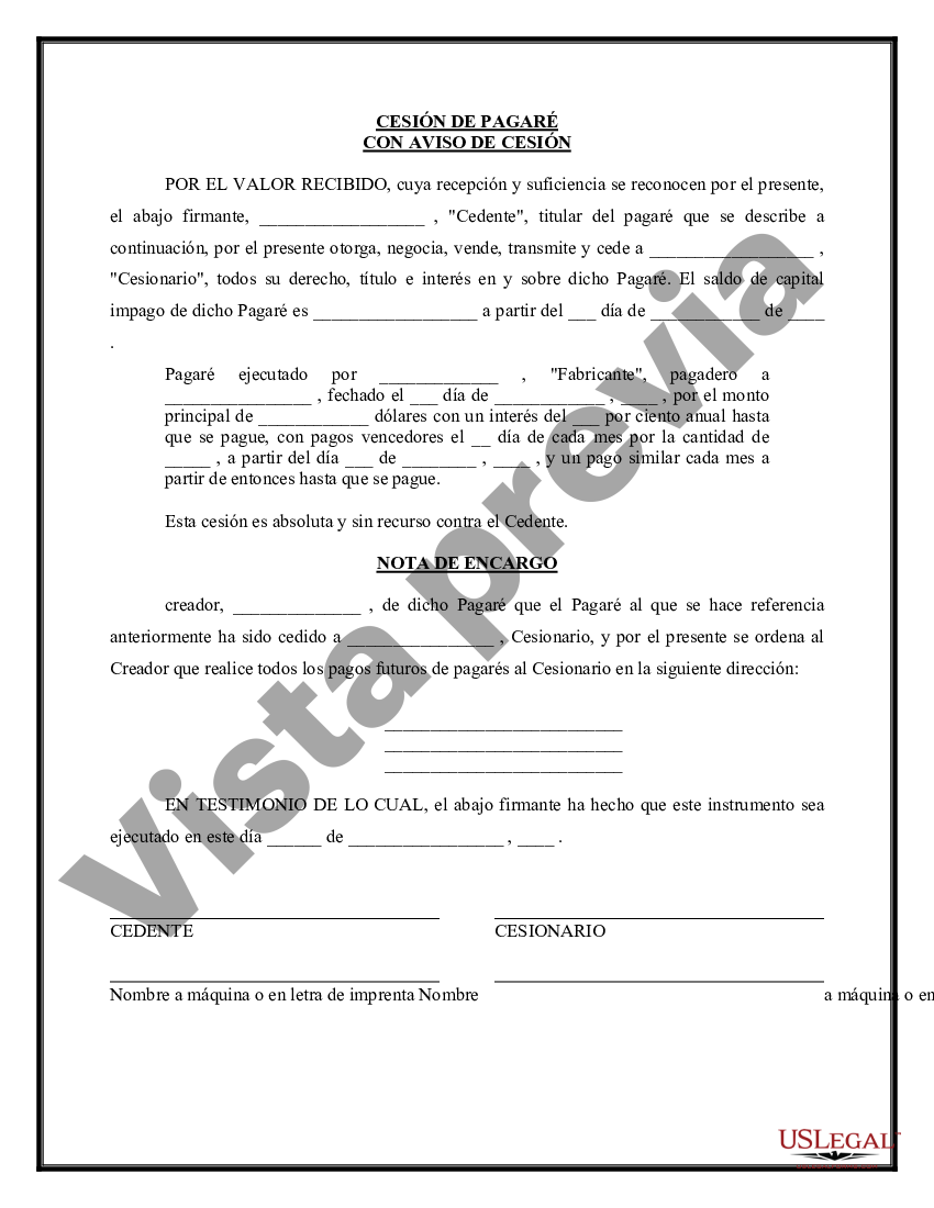 Cesión de Pagaré y Notificación de Cesión | US Legal Forms