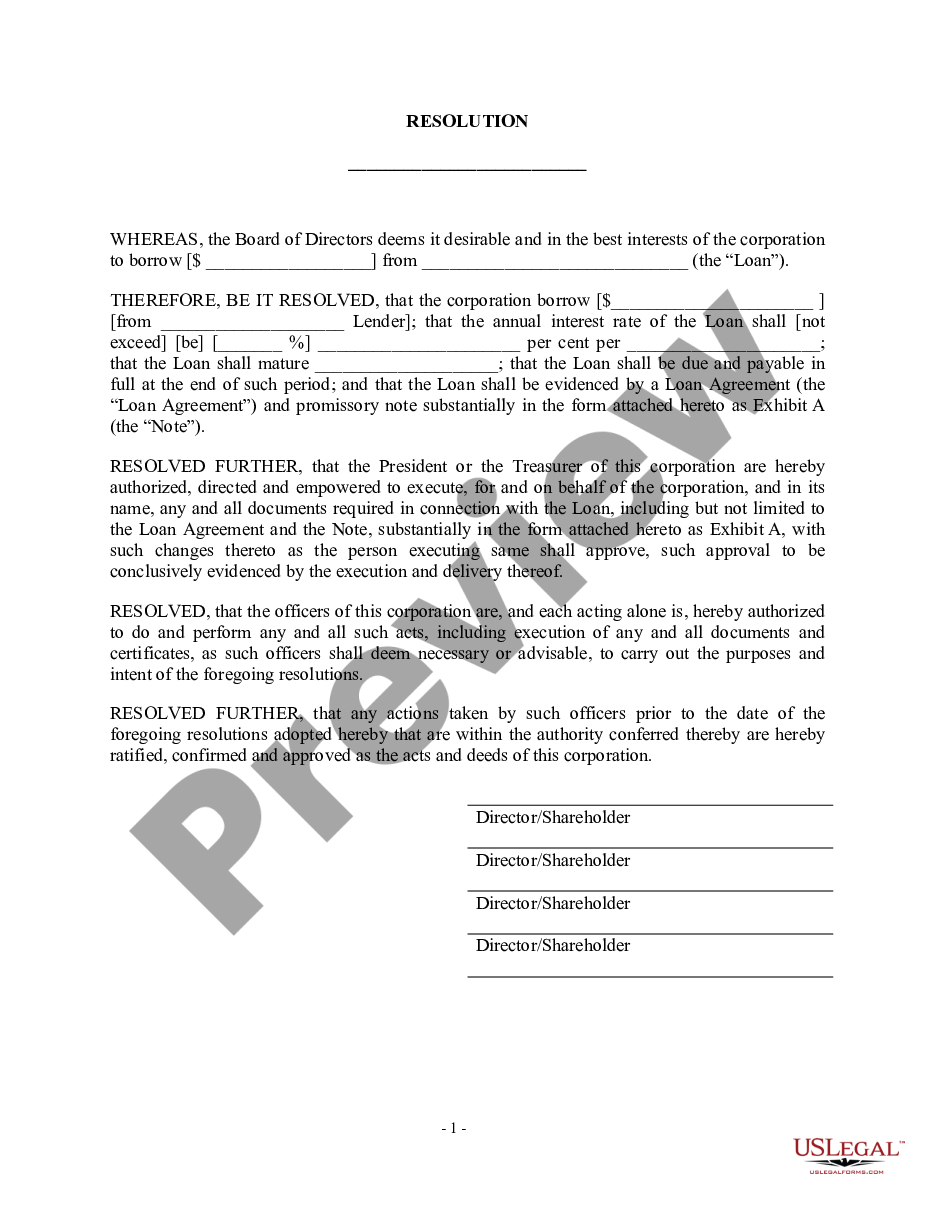 page 0 Authority to Borrow Money - Resolution Form - Corporate Resolutions preview
