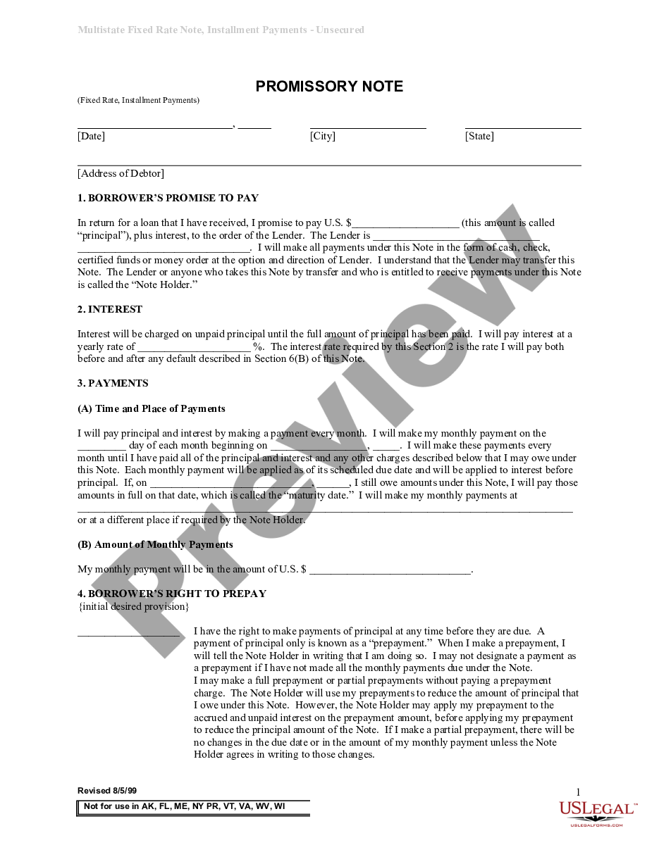 page 0 Multistate Promissory Note - Unsecured - Signature Loan preview