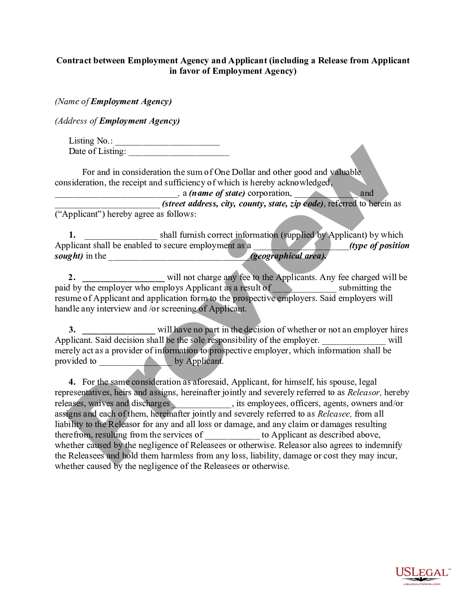 page 0 Contract between Employment Agency and Applicant - including Release from Applicant in favor of Employment Agency preview