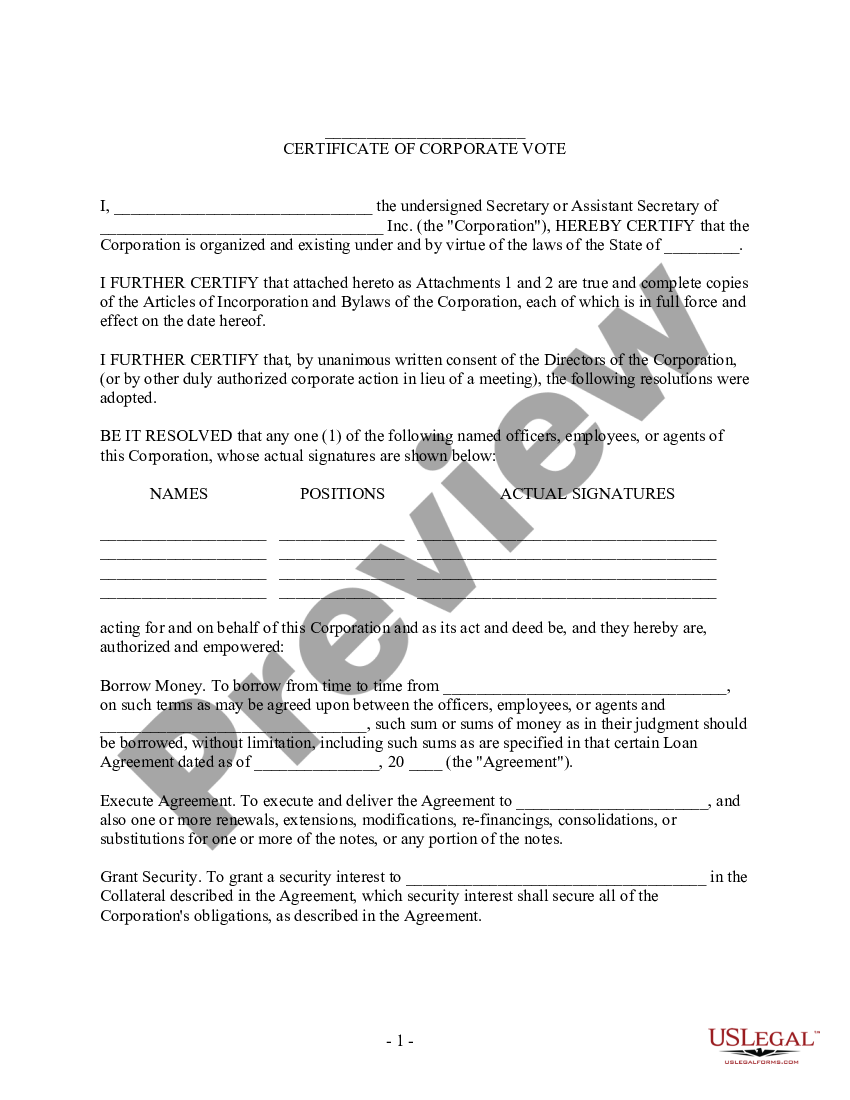 page 0 Authority to Borrow Money from Bank - Certificate of Corporate Vote and Resolution Form - Corporate Resolutions preview