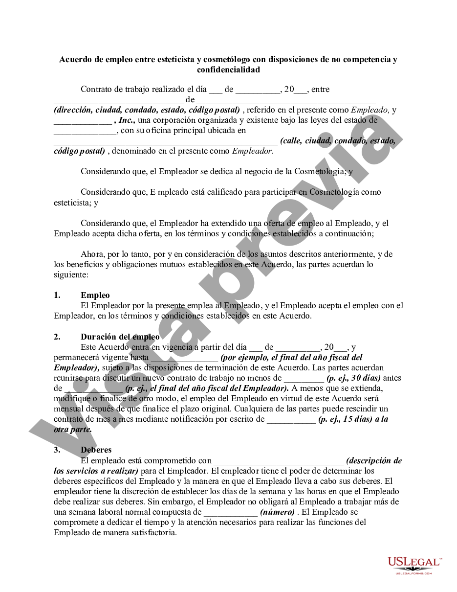 Acuerdo de trabajo entre esteticista y cosmetólogo con disposiciones de no  competencia y confidencialidad - Acuerdo Confidencialidad | US Legal Forms