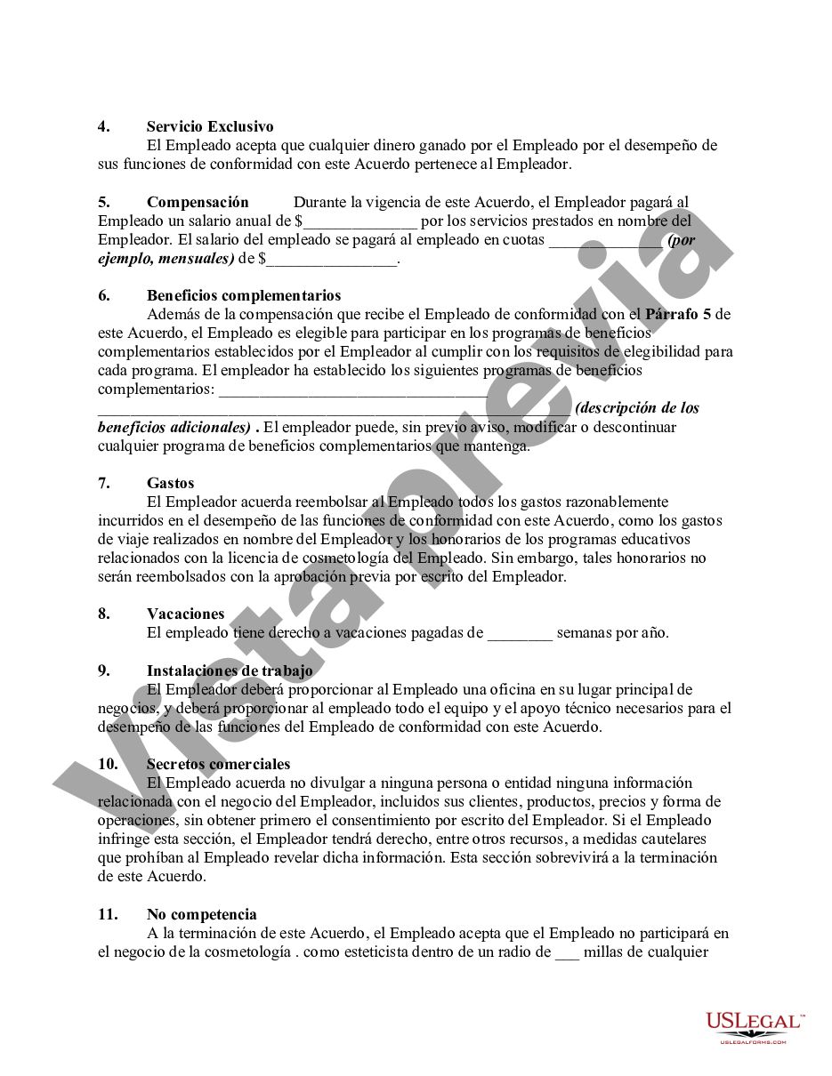 Hillsborough Florida Acuerdo De Trabajo Entre Esteticista Y Cosmetólogo Con Disposiciones De No