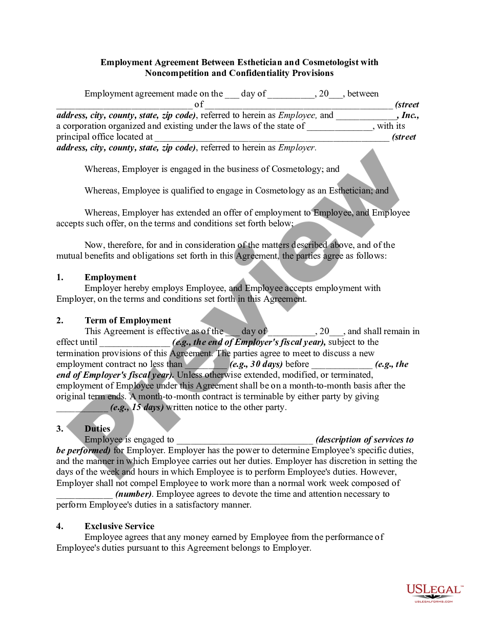 page 0 Employment Agreement Between Esthetician and Cosmetologist with Noncompetition and Confidentiality Provisions preview