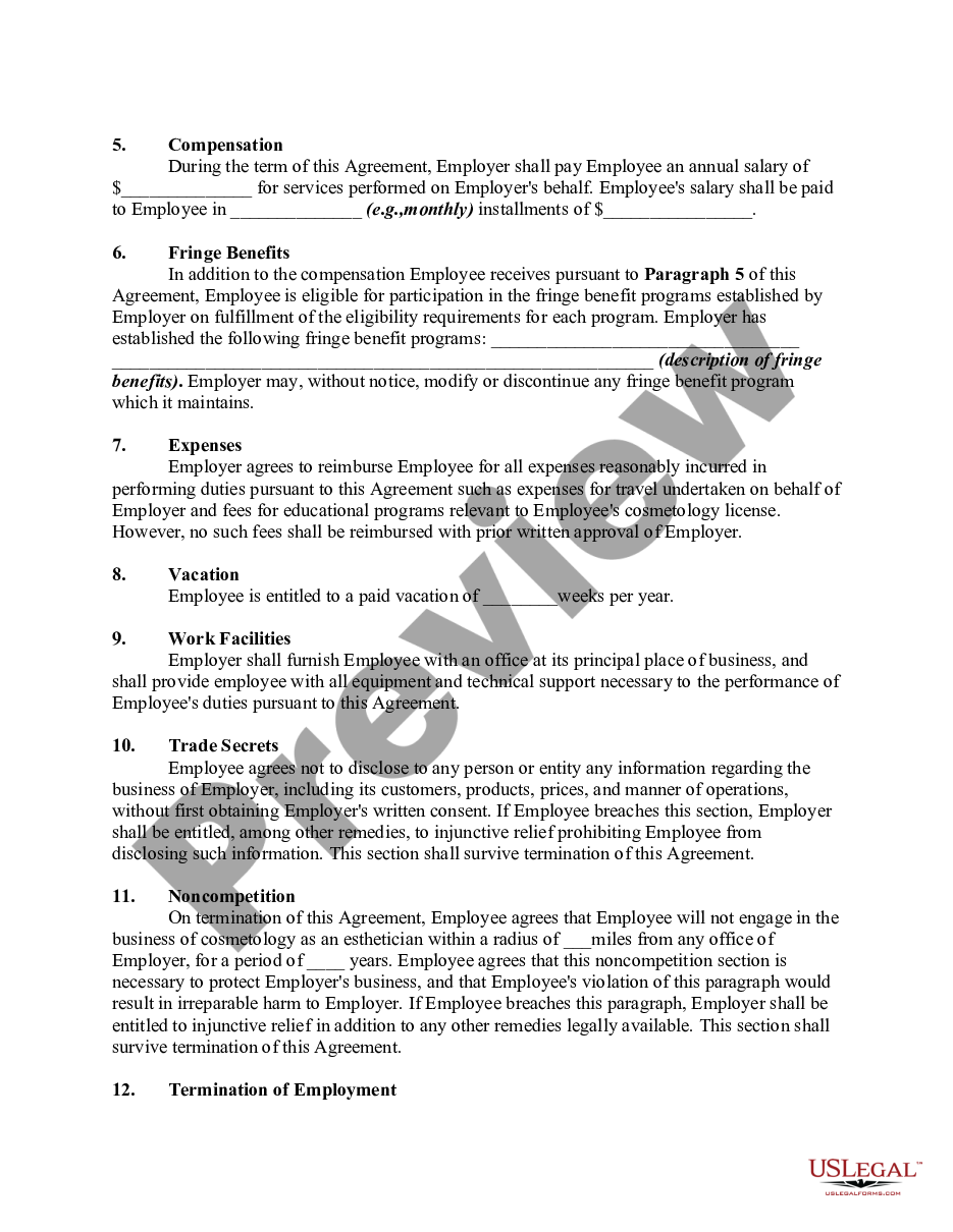 page 1 Employment Agreement Between Esthetician and Cosmetologist with Noncompetition and Confidentiality Provisions preview