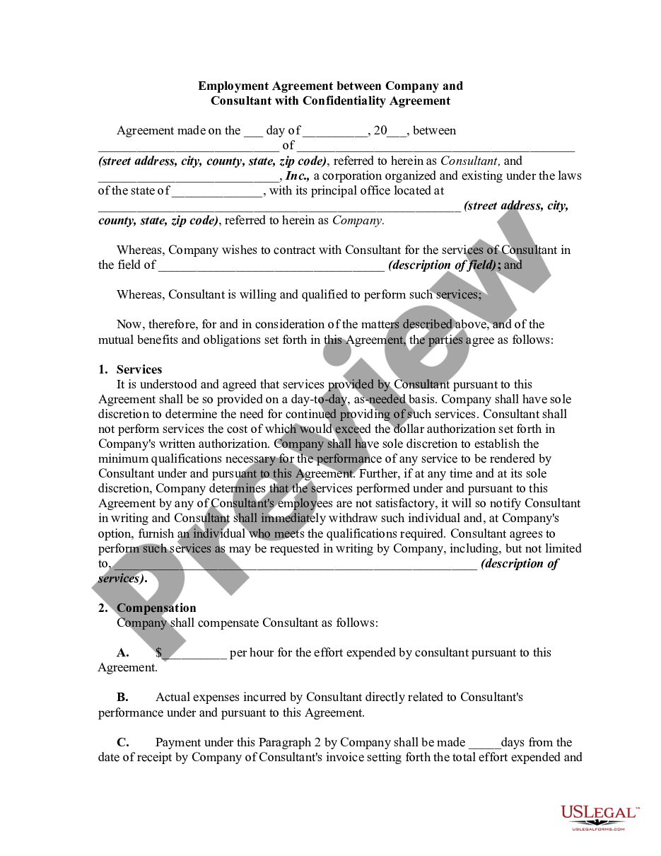 page 0 Employment Agreement between Company and Consultant with Confidentiality Agreement preview