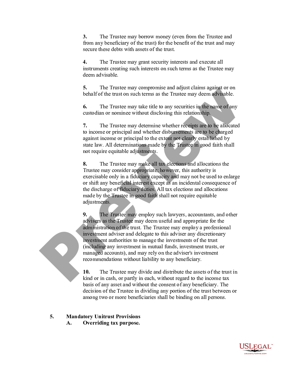 page 2 Charitable Remainder Inter Vivos Unitrust Agreement preview