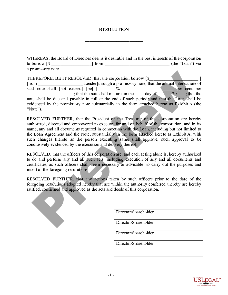 page 0 Borrow Money on Promissory Note - Resolution Form - Corporate Resolutions preview