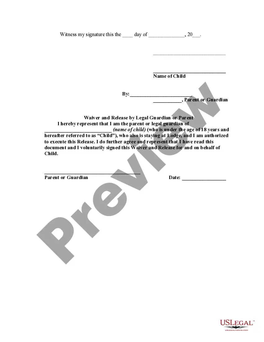 Get Release, Waiver of Liability, Assumption of Risk and Indemnity Agreement in favor of a Lodge, Motel or Hotel regarding Recreational Activities in an Adjacent River Preview Release, Waiver of Liability, Assumption of Risk and Indemnity Agreement in favor of a Lodge, Motel or Hotel regarding Recreational Activities in an Adjacent River