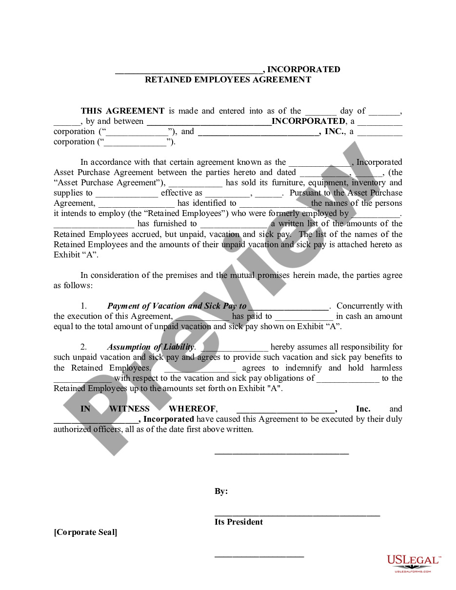 page 0 Sale of Business - Retained Employees Agreement - Asset Purchase Transaction preview
