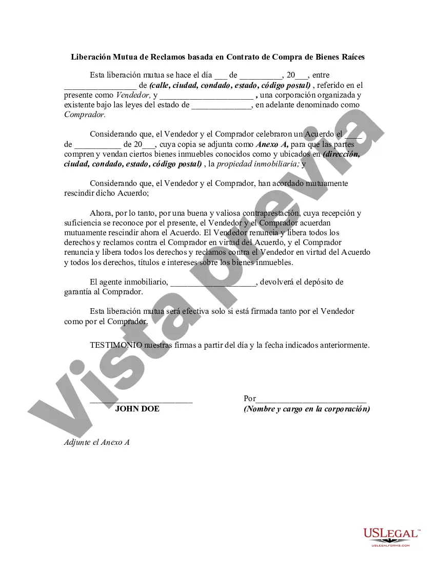 Preview Liberación Mutua de Reclamos basada en Contrato de Compra de Bienes Raíces