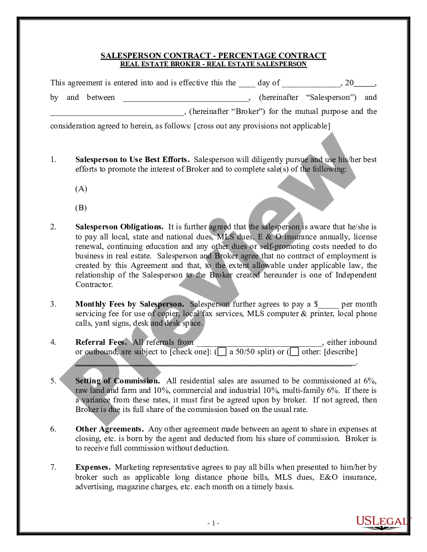 Michigan Salesperson Contract - Percentage Contract - Transaction Real 