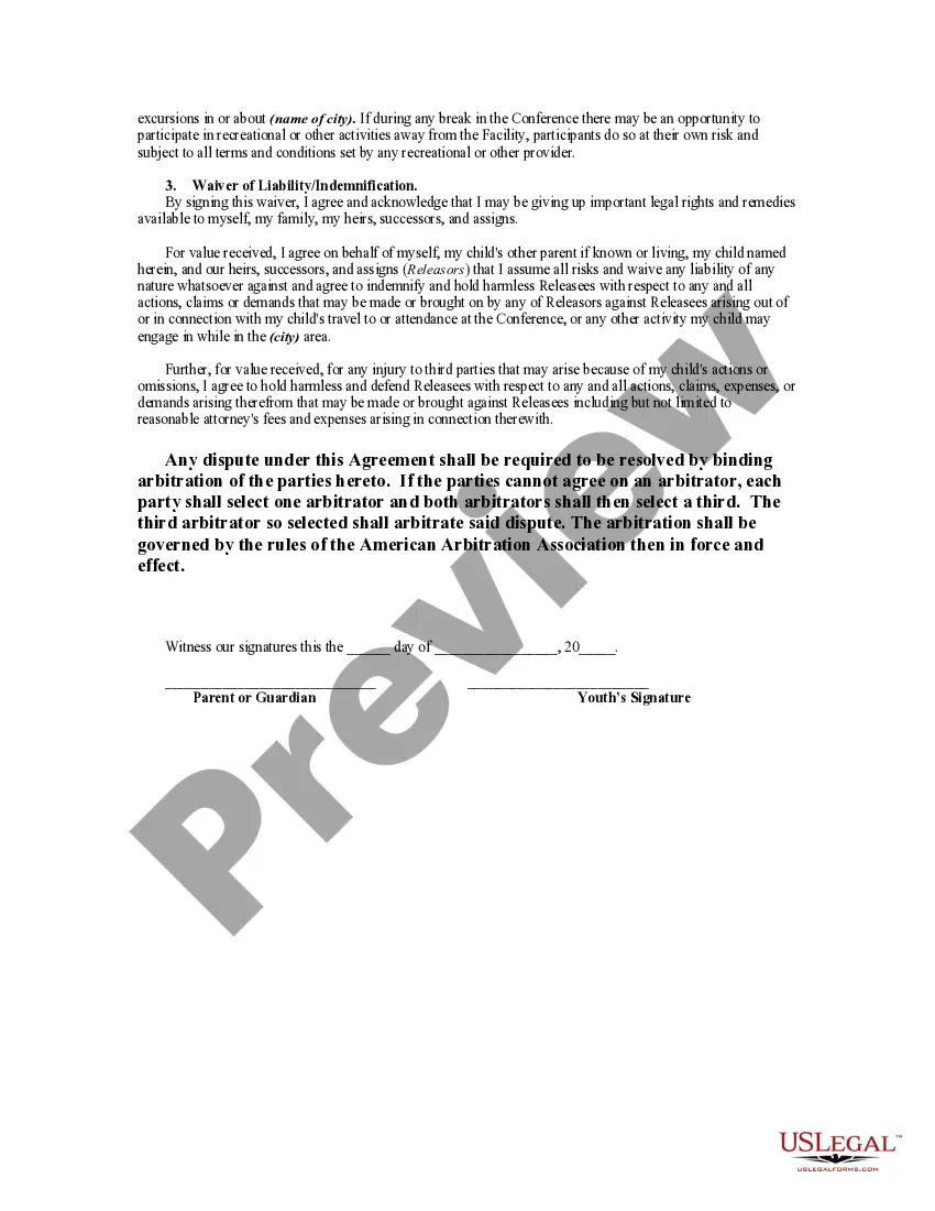 Get Release and Agreement not to Sue regarding Youth Conference Preview Release and Agreement not to Sue regarding Youth Conference