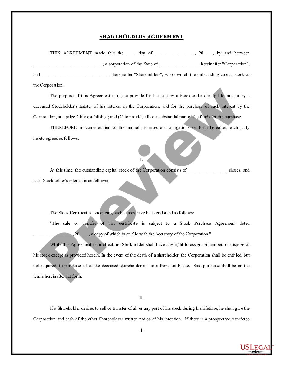page 0 Shareholders Agreement - Short Form preview