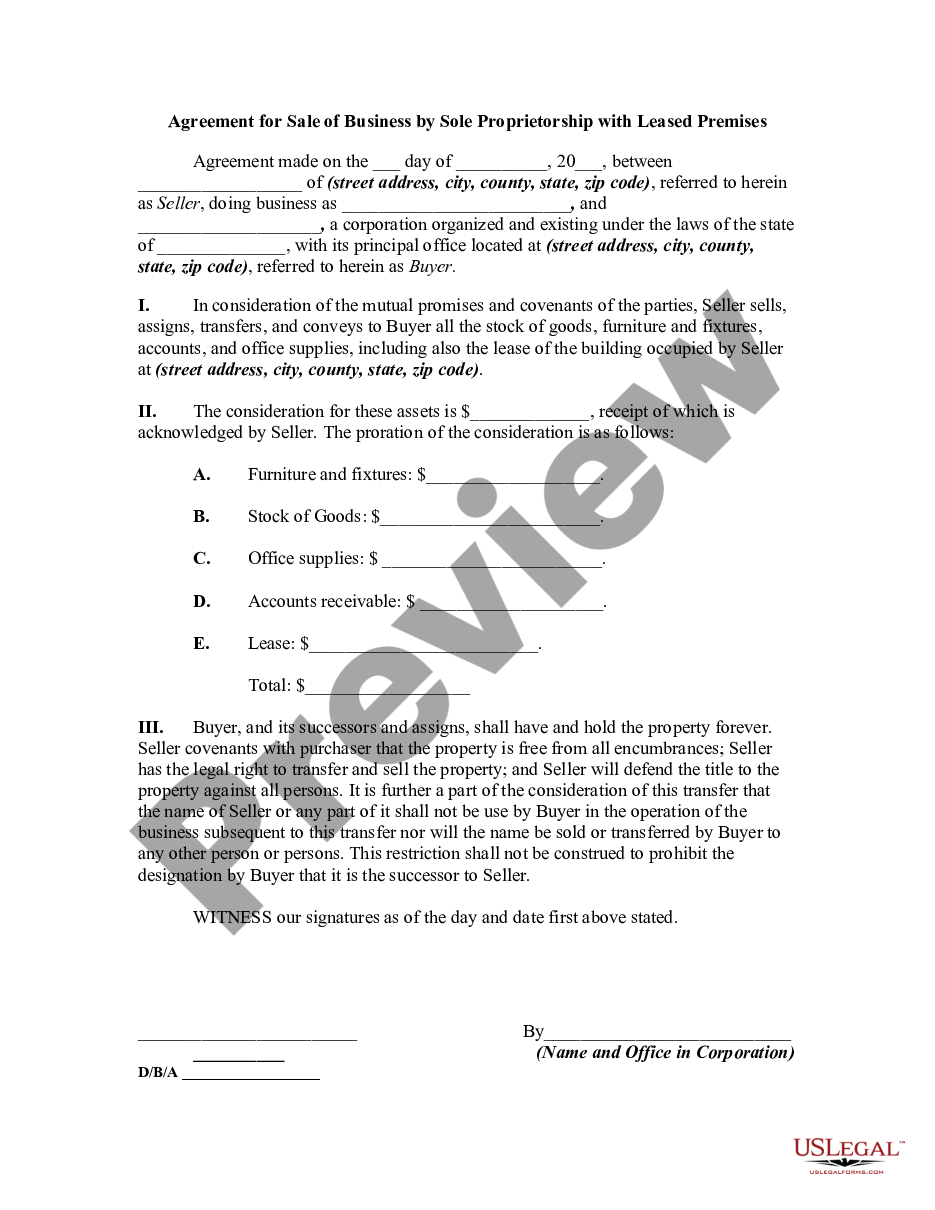 page 0 Agreement for Sale of Business by Sole Proprietorship with Leased Premises preview