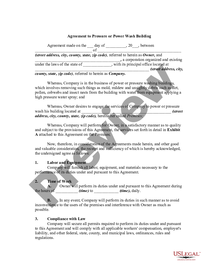 Oregon Agreement to Pressure or Power Wash Building Pressure Washing