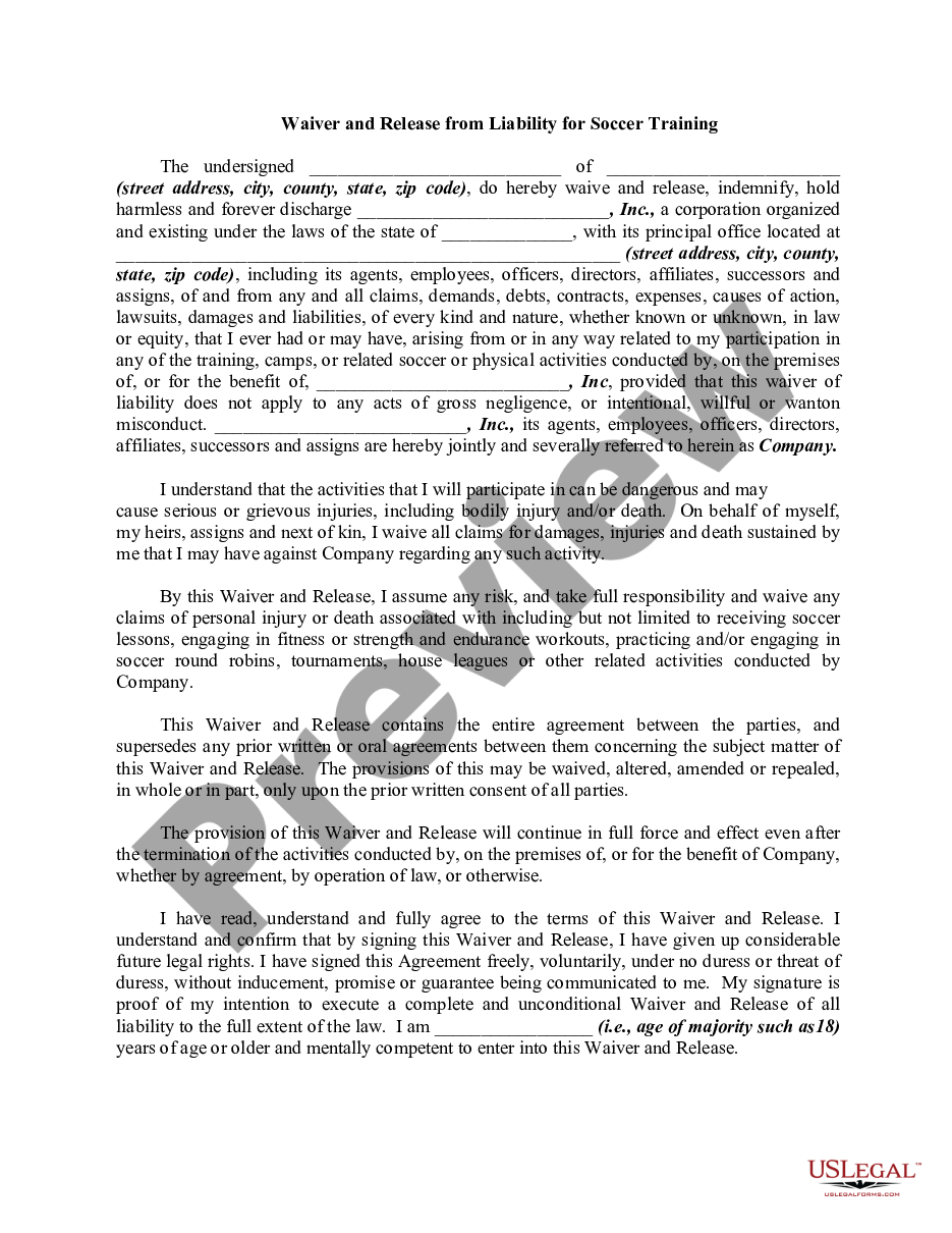 page 0 Waiver and Release from Liability and Personal Injury for Soccer Training preview