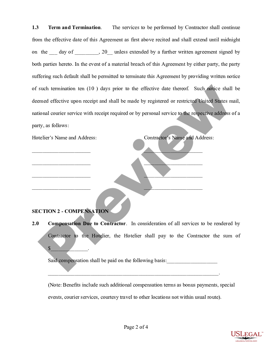page 1 Services Contract - Transport and Delivery of Hotel Patrons - Taxi preview
