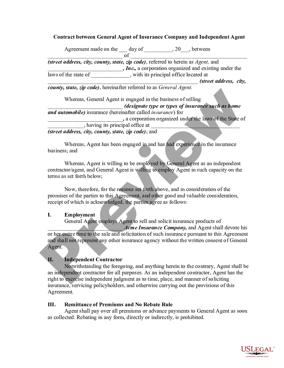 page 0 Contract between General Agent of Insurance Company and Independent Agent preview