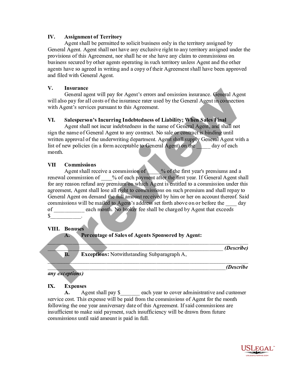 page 1 Contract between General Agent of Insurance Company and Independent Agent preview