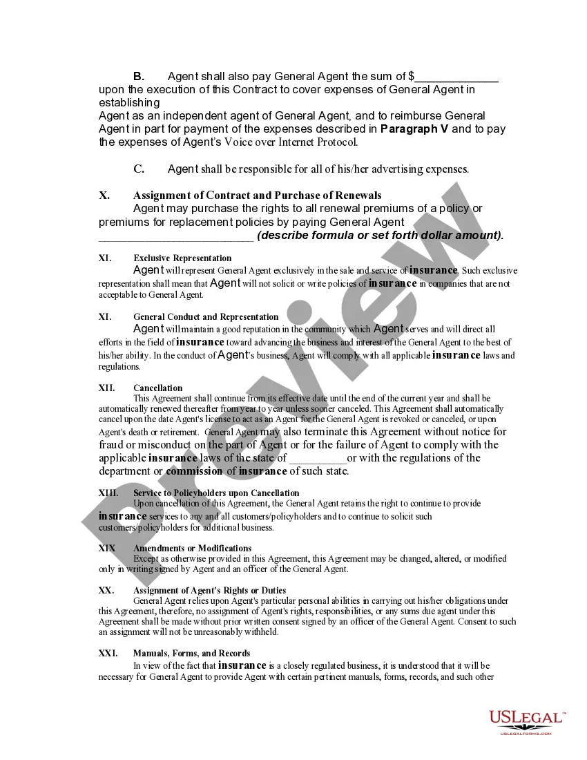 Get Contract between General Agent of Insurance Company and Independent Agent Preview Contract between General Agent of Insurance Company and Independent Agent