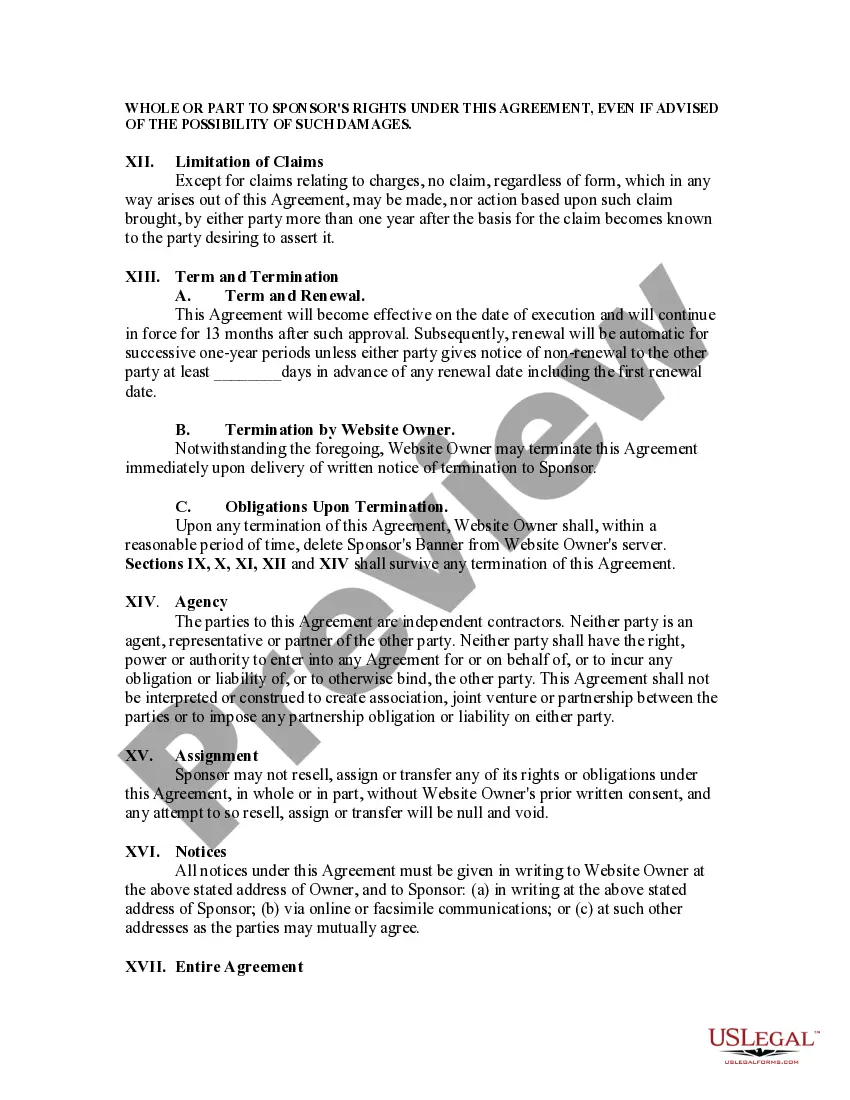 Get Agreement between Website Owner and Sponsor Preview Agreement between Website Owner and Sponsor