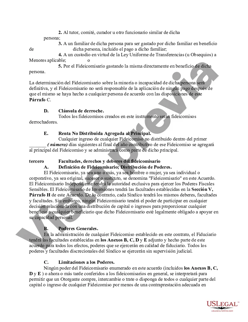 Preview Fideicomiso de aspersión para los hijos durante la vida del otorgante, y para el cónyuge e hijos sobrevivientes después de la muerte del otorgante - Acuerdo de fideicomiso Crummey