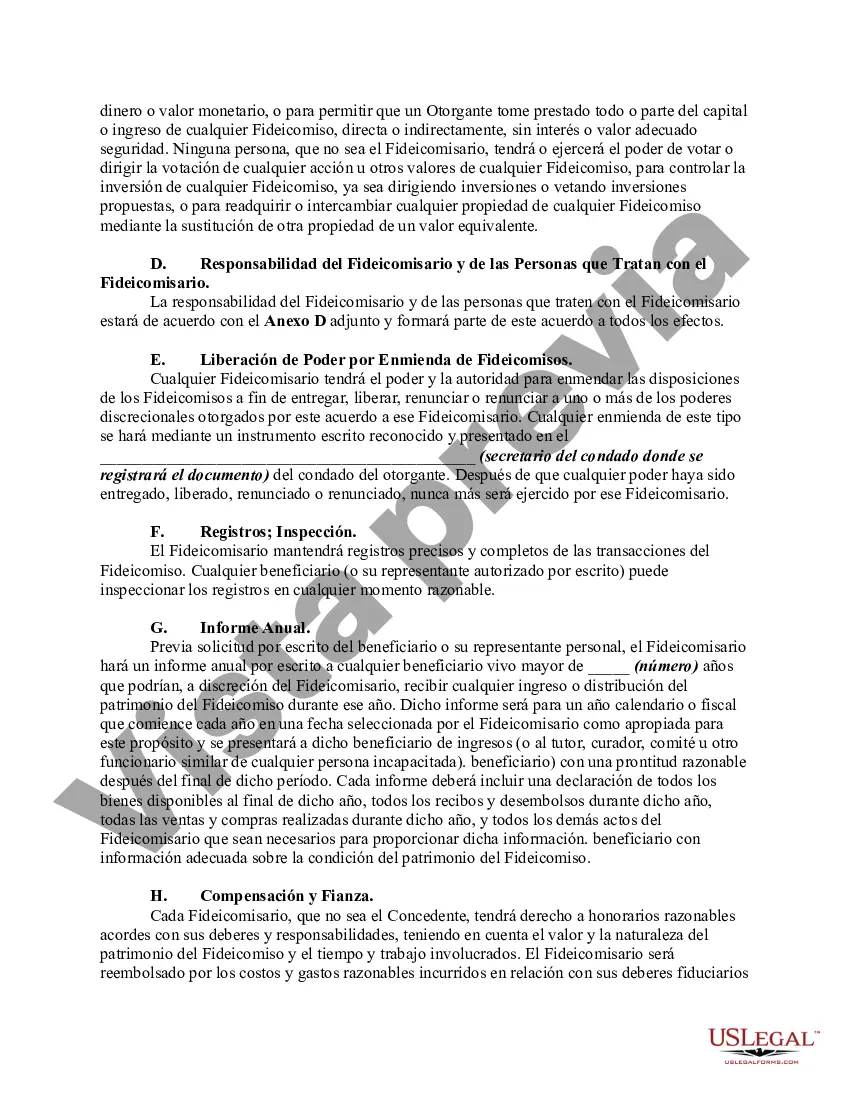 Preview Fideicomiso de aspersión para los hijos durante la vida del otorgante, y para el cónyuge e hijos sobrevivientes después de la muerte del otorgante - Acuerdo de fideicomiso Crummey