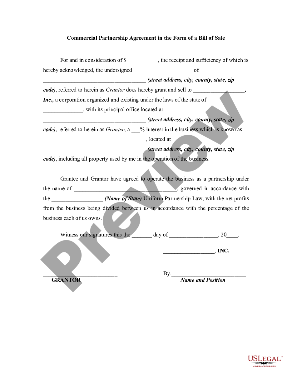 page 0 Commercial Partnership Agreement in the Form of a Bill of Sale preview