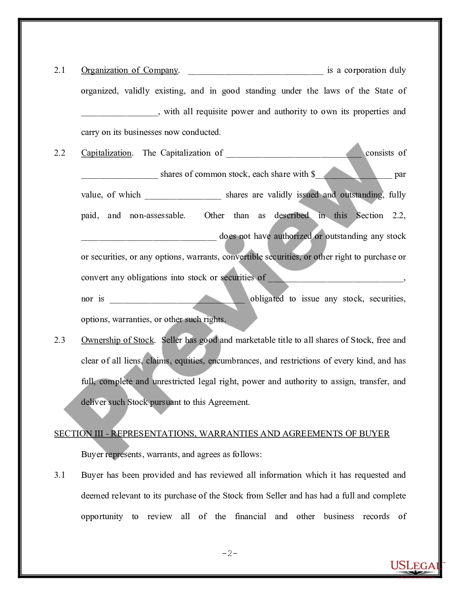 page 1 Stock Sale and Purchase Agreement - Short Form preview