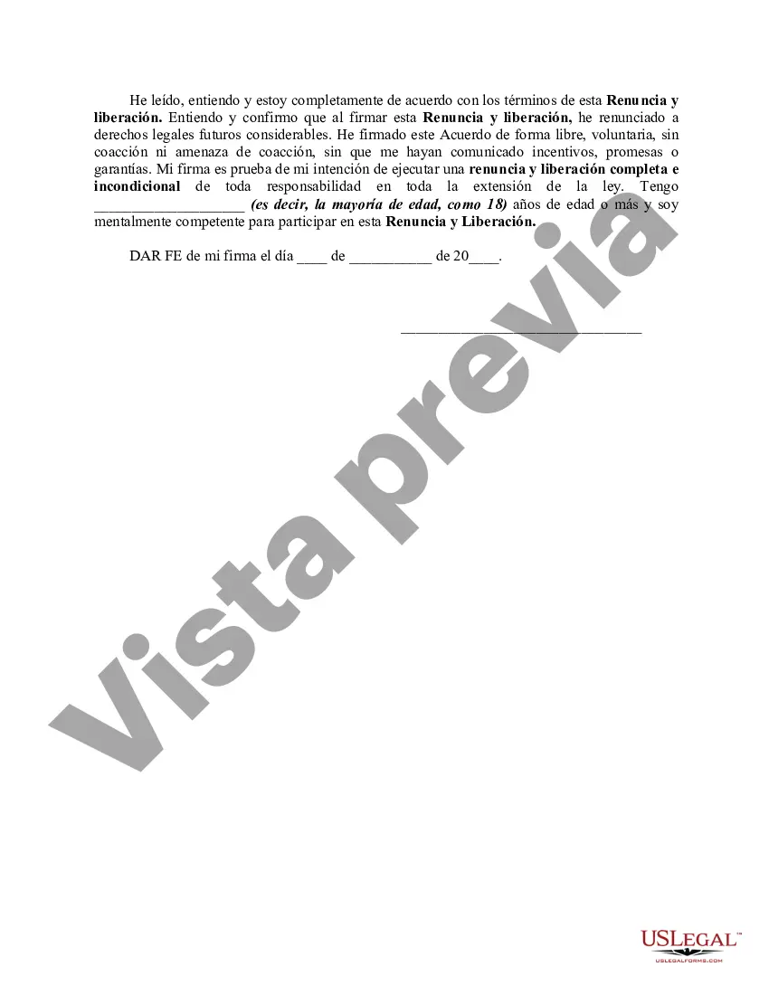 Preview Renuncia y exención de responsabilidad por lesiones personales sufridas en la escuela o clase de arte