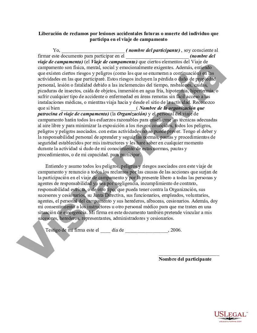Preview Liberación de reclamos por lesiones accidentales futuras o muerte del individuo que participa en el viaje de campamento