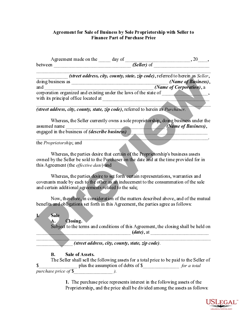 Agreement for Sale of Business by Sole Proprietorship with Seller to